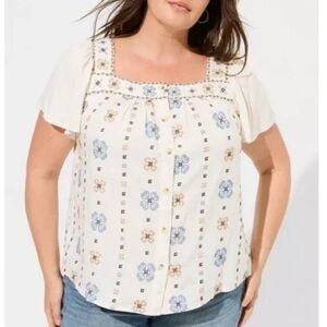 Torrid Embroidered Square Neck Short Sleeve Blouse Beach Linen Blend Sz 28-30
